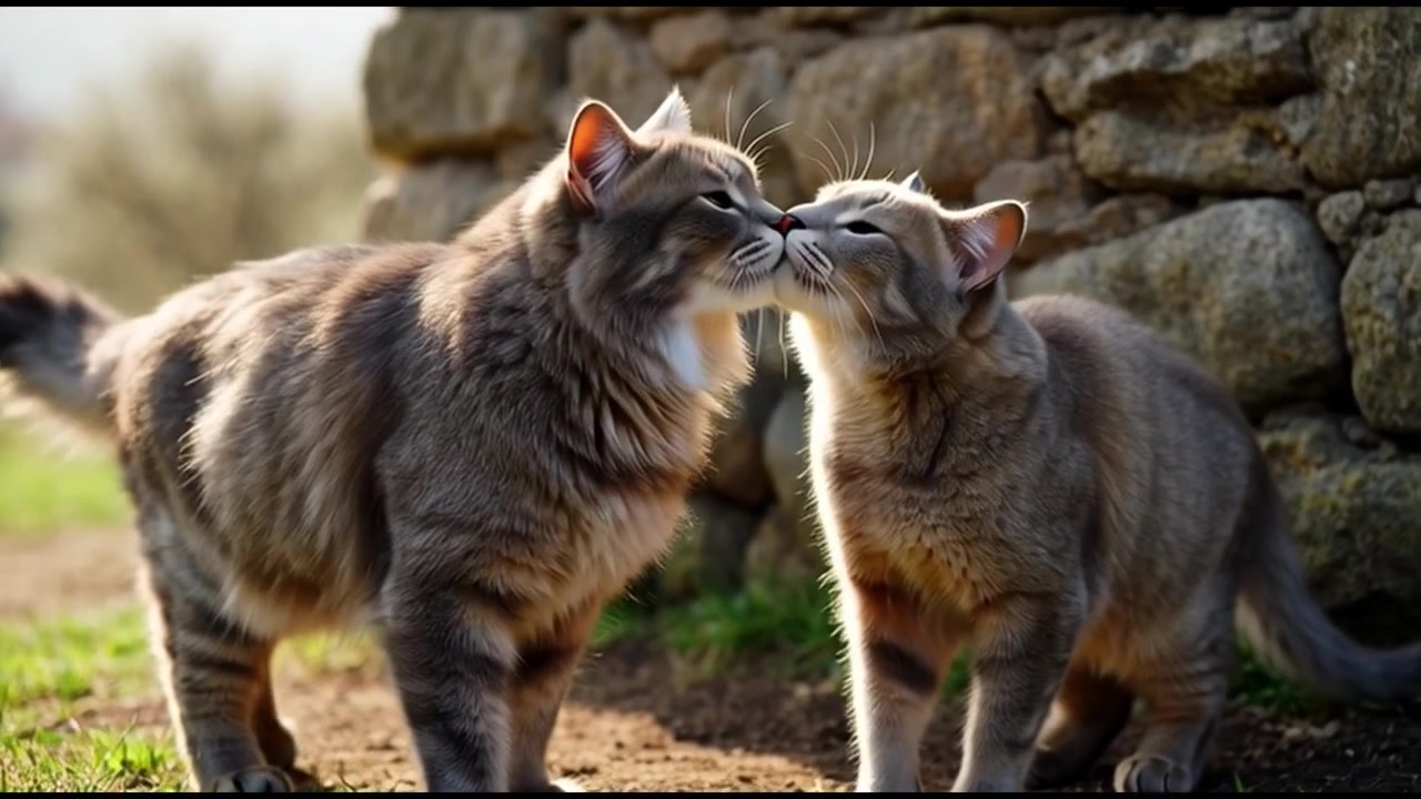 Due gatti soriani che si strusciano e camminano insieme all'aperto