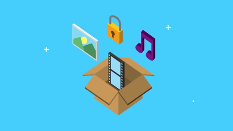 tecnología de medios sociales con caja de cartón