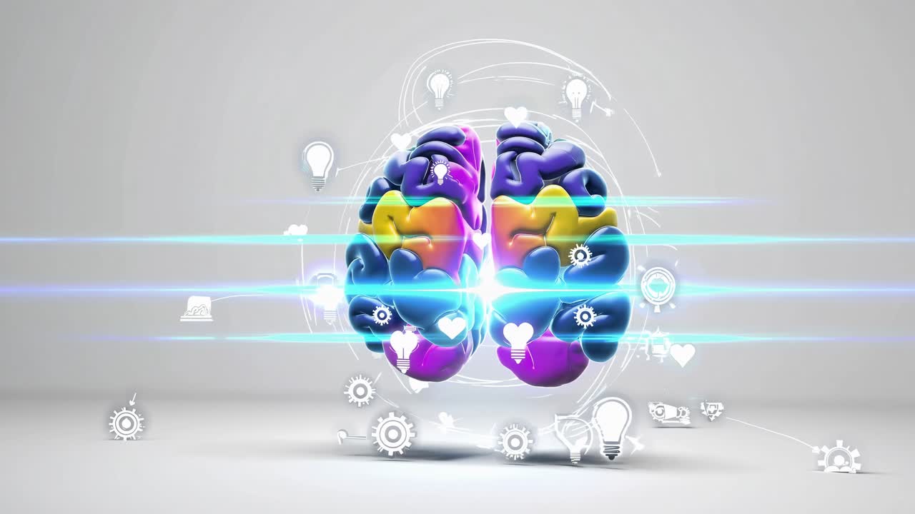 Futuristic video concept of a colorful brain with digital icons, captured from a front angle