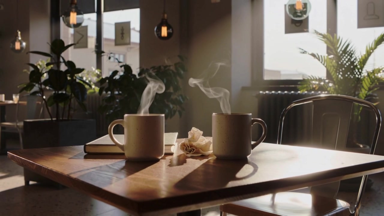 La telecamera si allontana, rivelando due tazze fumanti su un tavolo da caffè, con un quaderno e un tovagliolo che mostrano bevande calde.