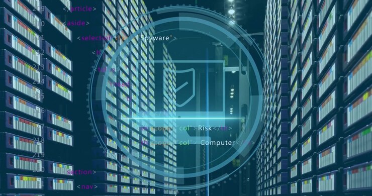 Animation of shield icon and data processing over computer servers