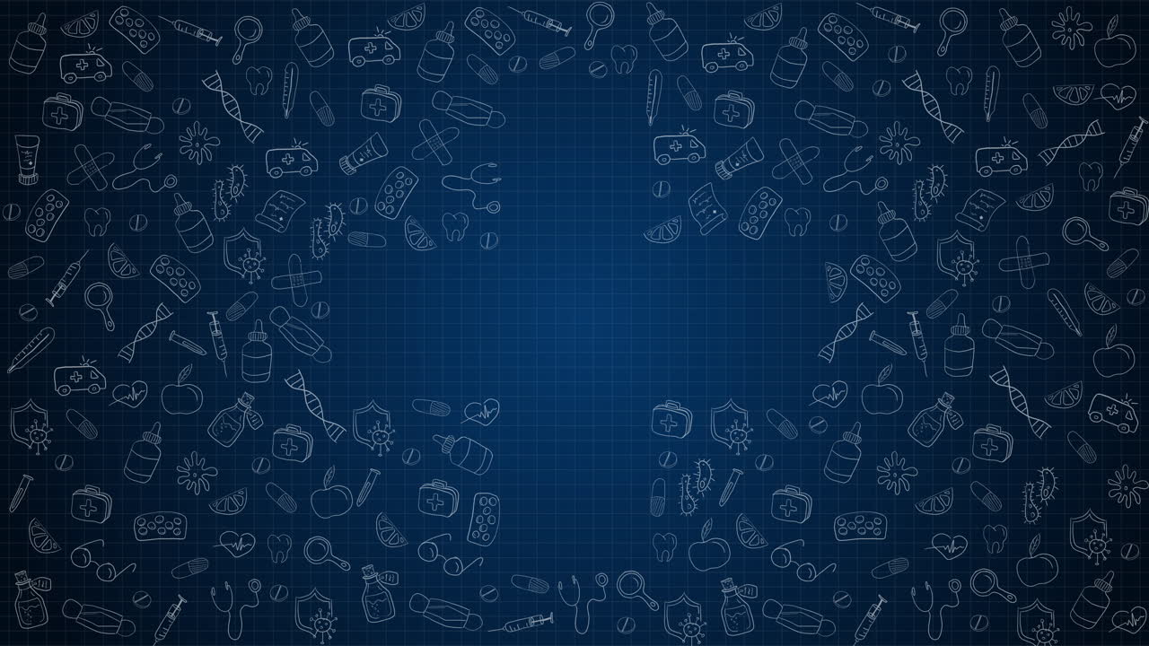 Medical themed blue background with animated flat drawn icons. Looped motion graphics with the shape of a cross.