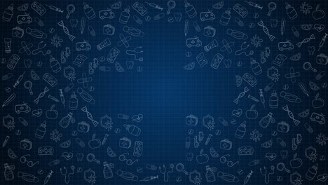 medical themed blue background with animated flat drawn icons. looped motion graphics with the shape of a cross.