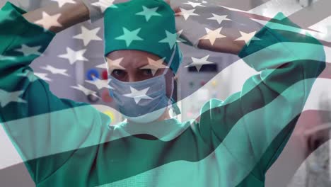 Animation-Der-Flagge-Der-USA,-Die-über-Einem-Chirurgen-In-Gesichtsmasken-Weht