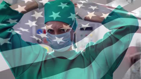 animation of flag of usa waving over surgeon in face masks