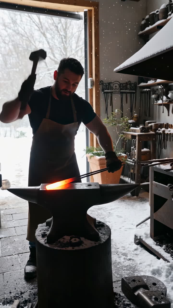 Blacksmith Forging Metal in a Snowy Workshop