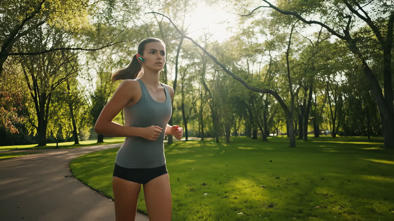 A woman jogging through a sunny park
