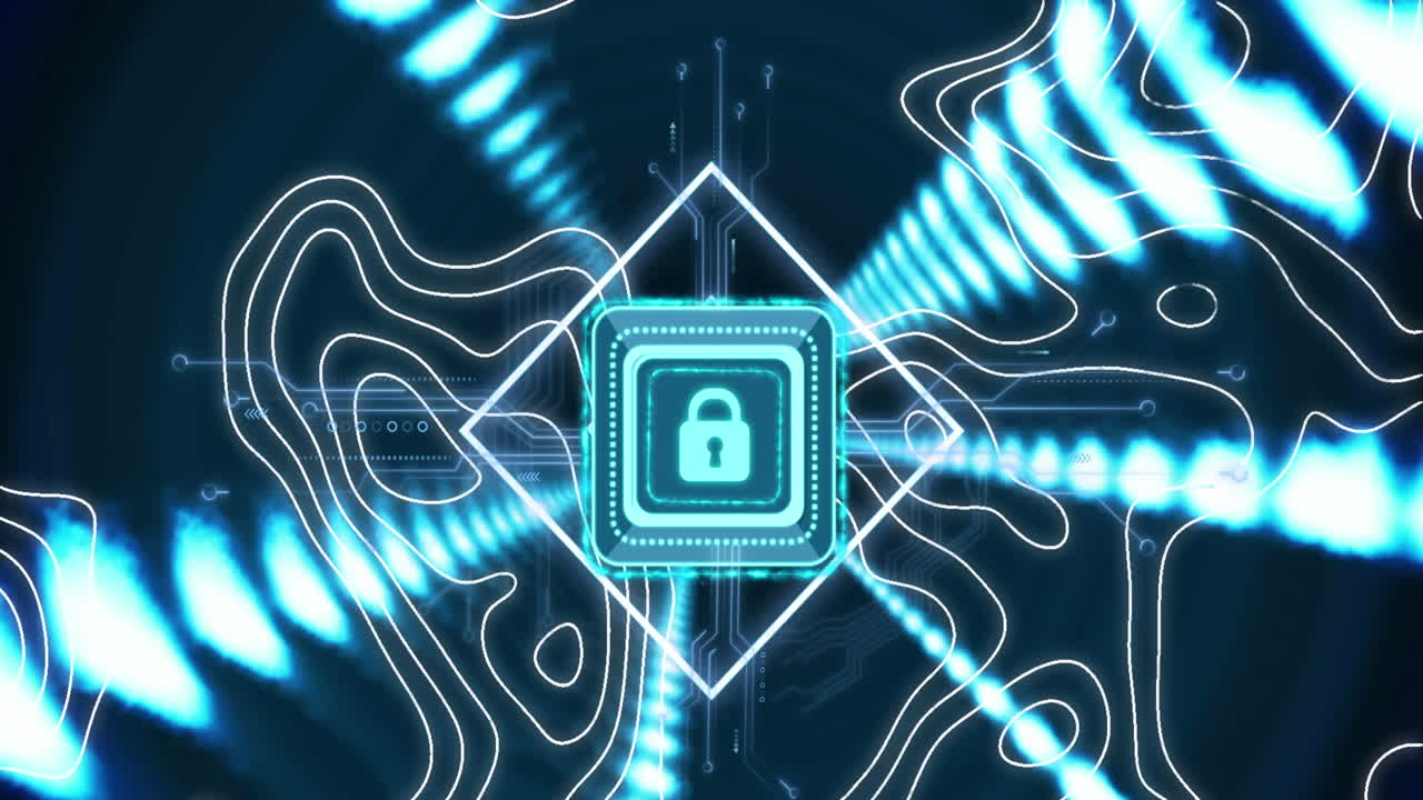 Animation of illuminated padlock in squares with abstract and electric circuit board patterns