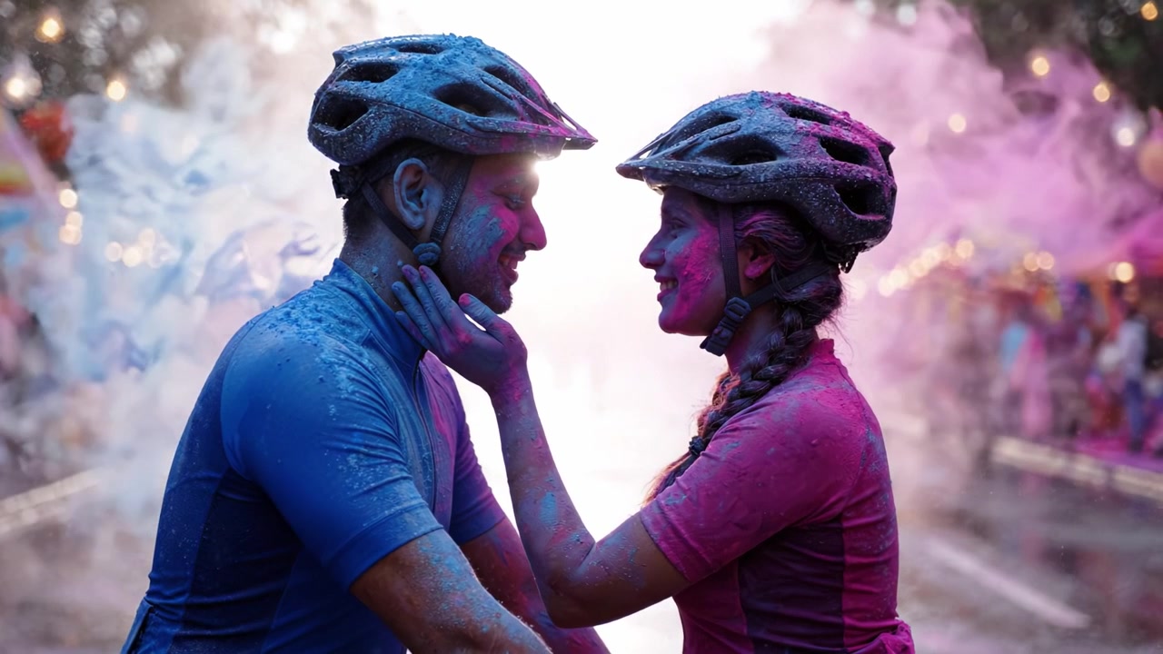 Vibrant Celebration of Love: A Colorful Encounter between Two Cyclists Amidst a Festival of Colors and Joy, Captured in a Bright, Festive Atmosphere