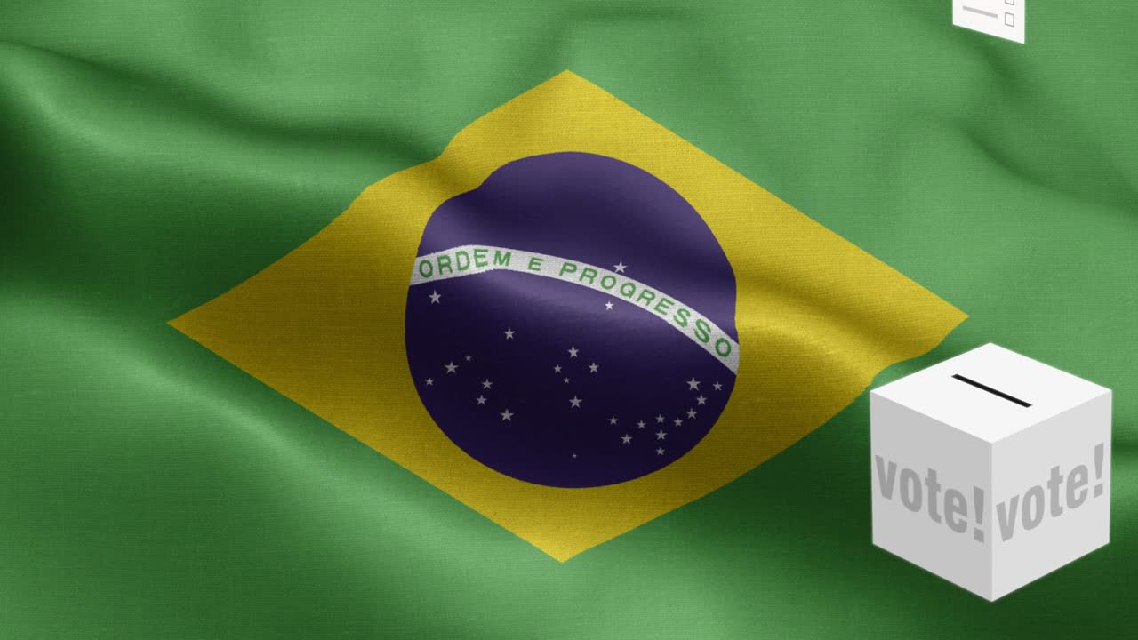 las papeletas de votación vuelan a la caja para la selección de brasil - caja de votación frente a la bandera - elección - voto - bandera de brasil - bandera del brasil de alto detalle - bandera nacional patrón de onda del brasil elementos en bucle - textura de tela y bucle sin fin