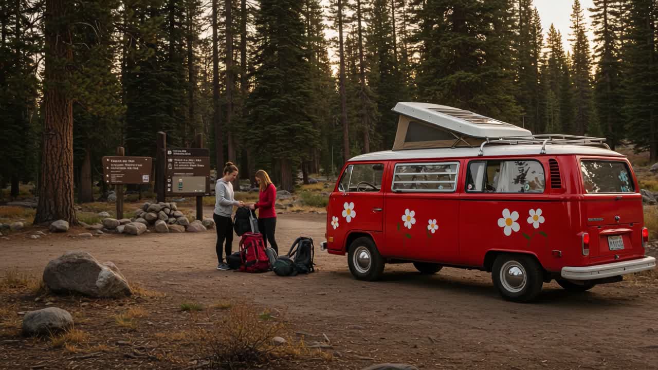 Two Friends Prepare for Their Outdoor Adventure by a Vintage Camper Van Surrounded by Majestic Trees and Scenic Trail Signs in a Serene Natural Setting