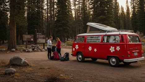 two friends prepare for their outdoor adventure by a vintage camper van surrounded by majestic trees and scenic trail signs in a serene natural setting