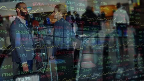 animation of data processing over diverse business people at airport