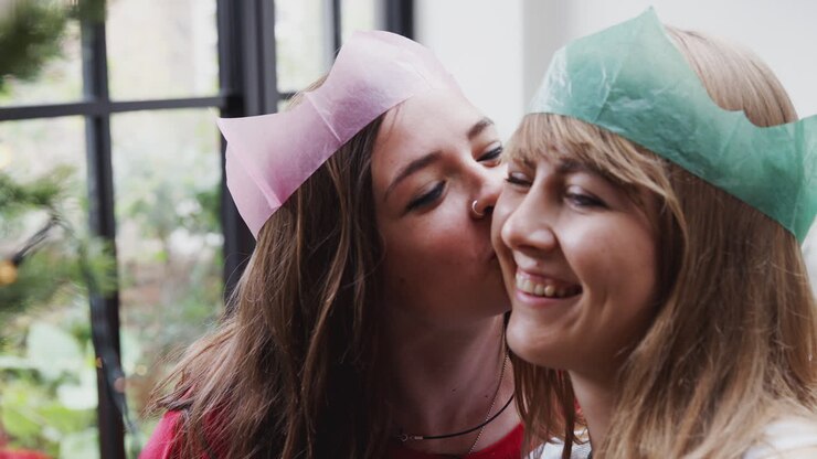 Gay Female Couple Having Fun At Home Hanging Decorations On Christmas Tree Together