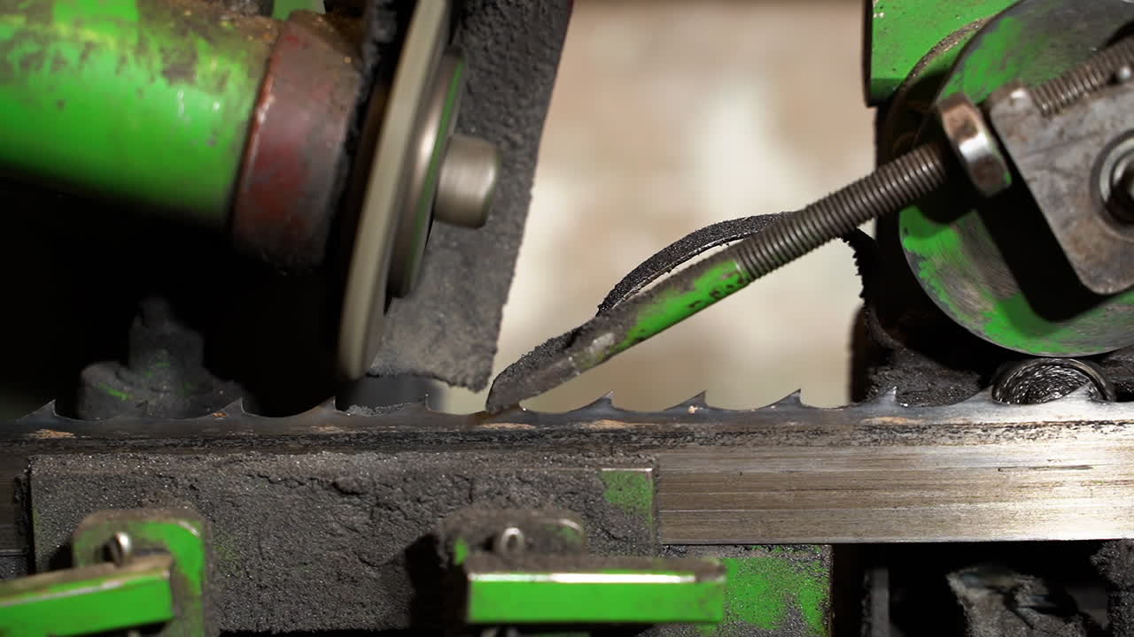 автоматический станок для заточки пильных лент крупным планом в замедленной съемке с искрами
