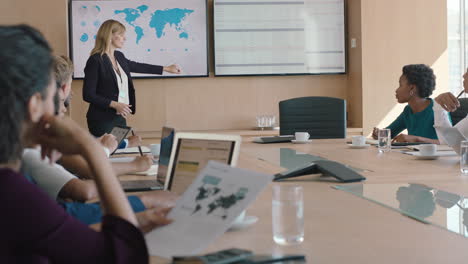 donna d'affari che presenta dati finanziari in televisione progetto di condivisione dello schermo con gli azionisti team leader briefing colleghi che discutono idee di crescita dell'azienda in ufficio presentazione in sala riunioni