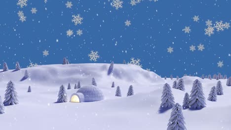 snowflakes falling over igloo and multiple trees on winter landscape against blue background