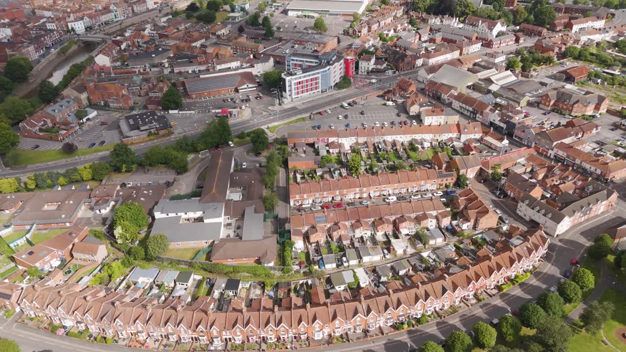 Aerial view of a town with buildings and houses