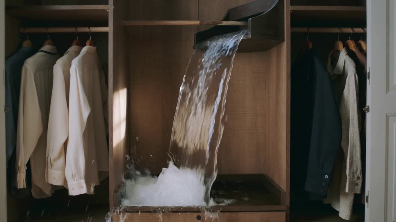 Beccuccio nero curvo che versa un getto d'acqua su uno scaffale di un armadio di legno, schizzando gli indumenti.