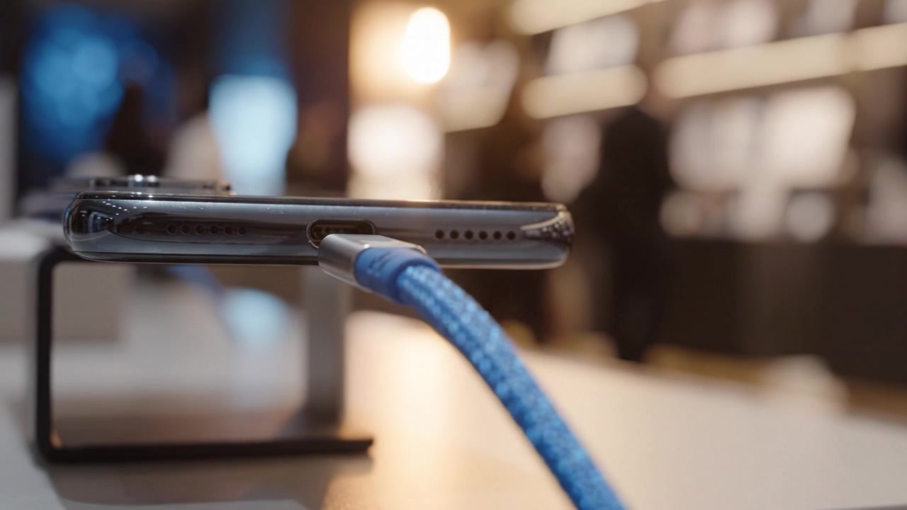 A close-up view of a smartphone charging cable connected to a device, highlighting the technology and design of modern mobile accessories in a retail environment.