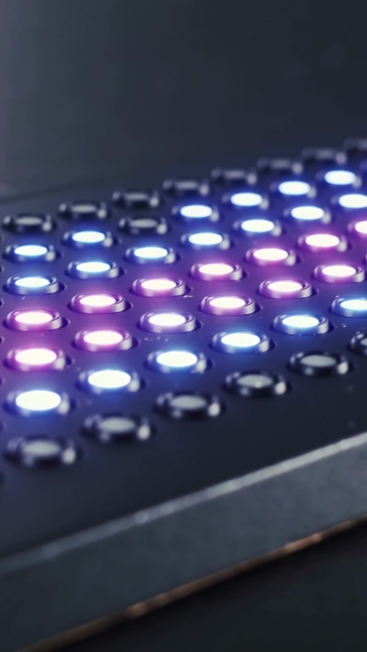 Video verticale: Inizio sequenza, controller a griglia LED nero con pad rotondi che pulsano su una scrivania scura