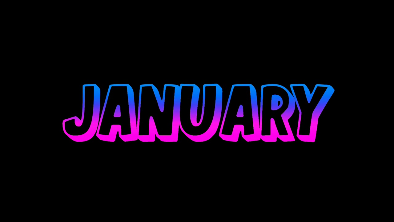 Animazione di testo neon 'Gennaio' con effetto sfumato luminoso blu e rosa su sfondo nero. Tipografia luminosa moderna che presenta il mese di Dicembre in uno stile neon vibrante