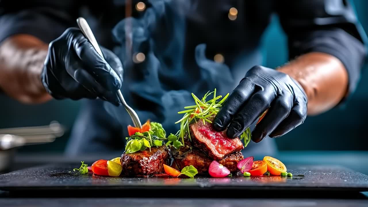 A chef in black gloves preparing food on a black plate