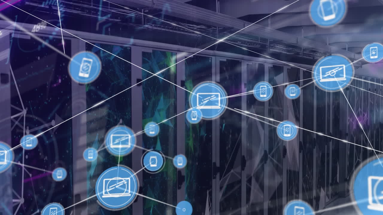 Animation of connected icons, globe, geometric shapes and loading circles over server room