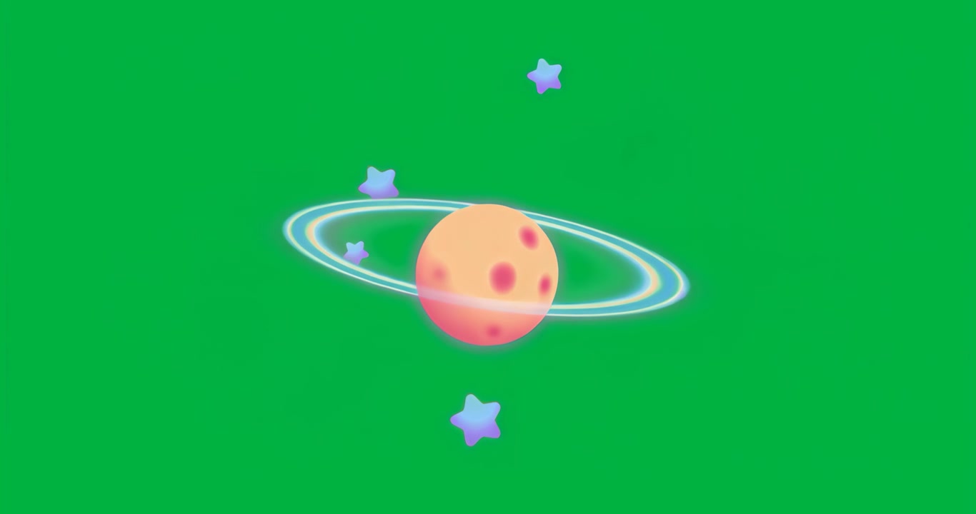 Starting ringed planet rotating and stars orbiting on transparent background showing cosmic motion