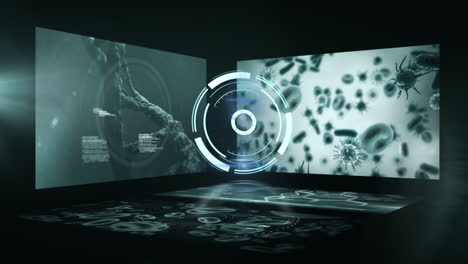 Animation of data processing and scope scanning on black background