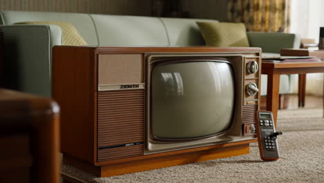 vintage zenith television with remote control in a living room