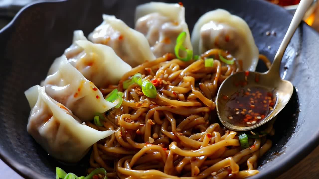 Video close-up pangsit dan mi dalam mangkuk, menampilkan masakan Asia yang lezat