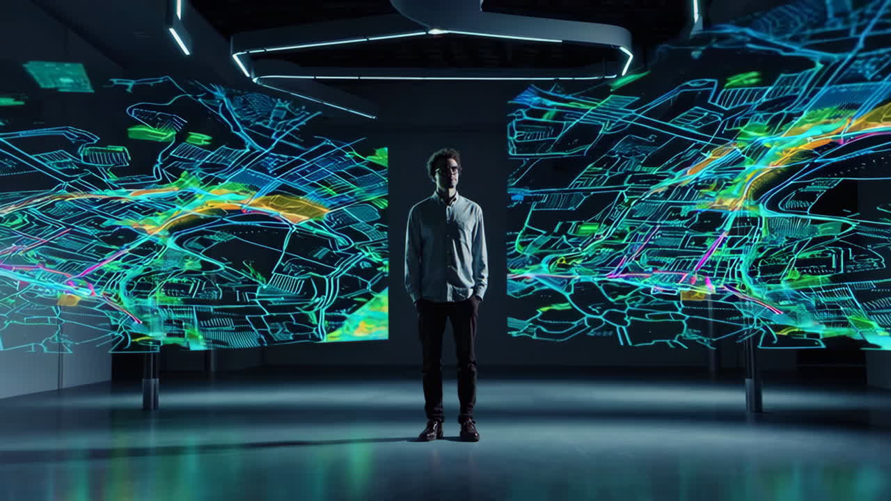Man Standing in Front of Interactive City Maps Projection