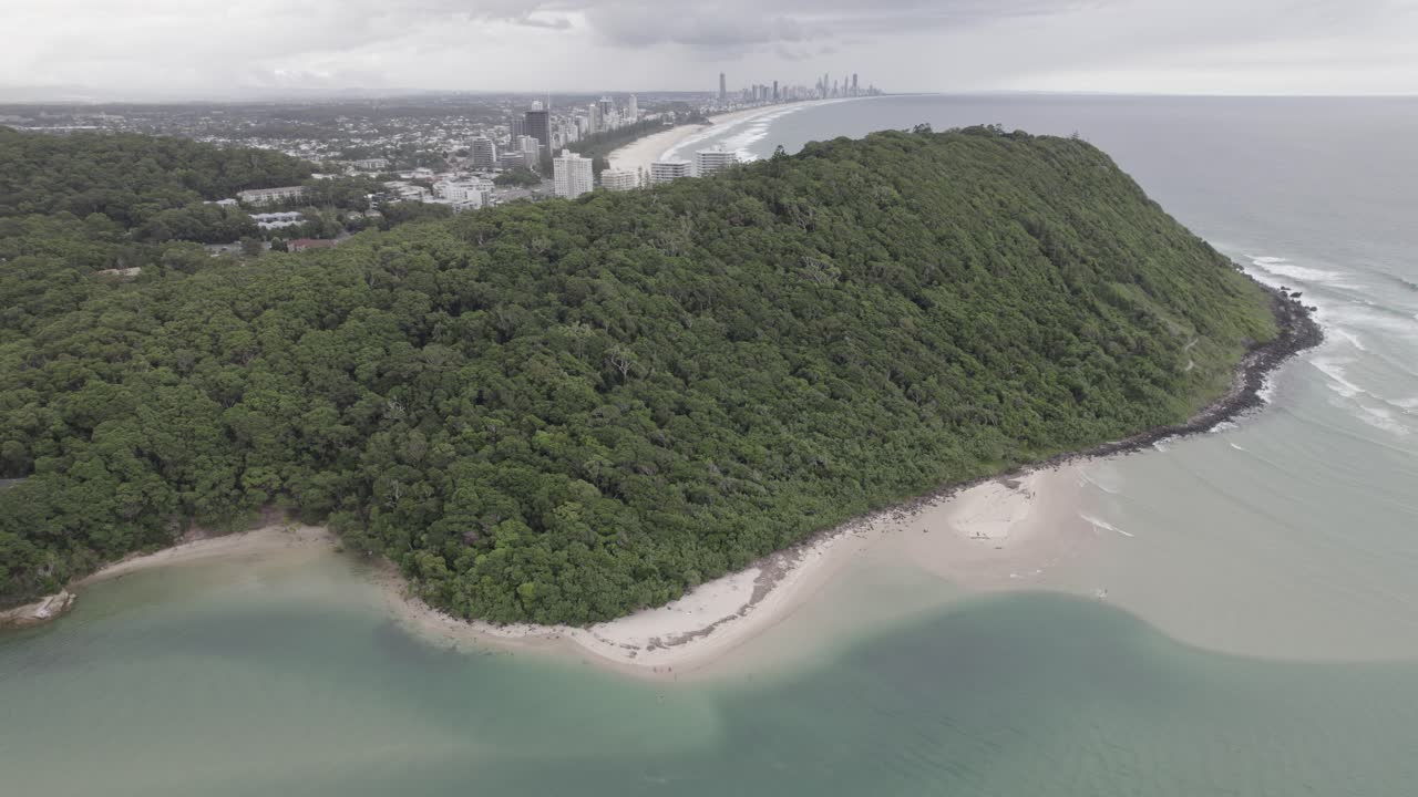 Green Rainforest At Burleigh Head National Park on Overcast Day In Gold Coast, QLD, Australia. - aerial shot