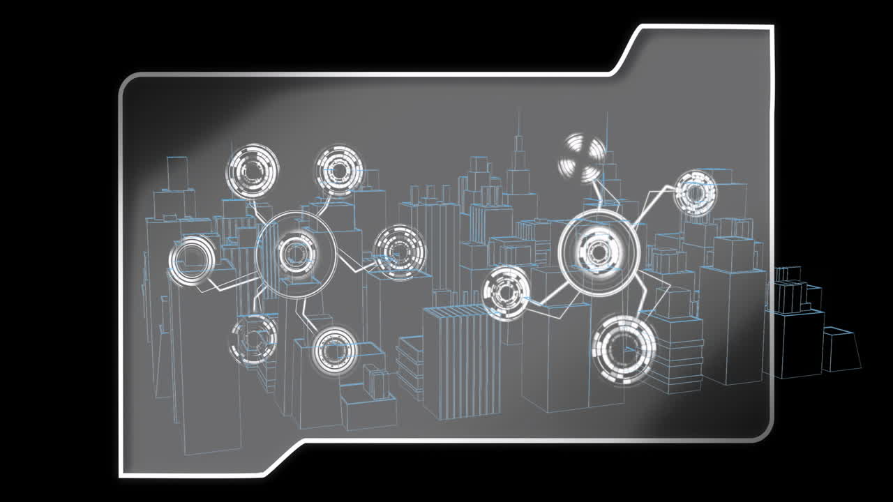 Cityscape with glowing circular nodes in futuristic digital network animation