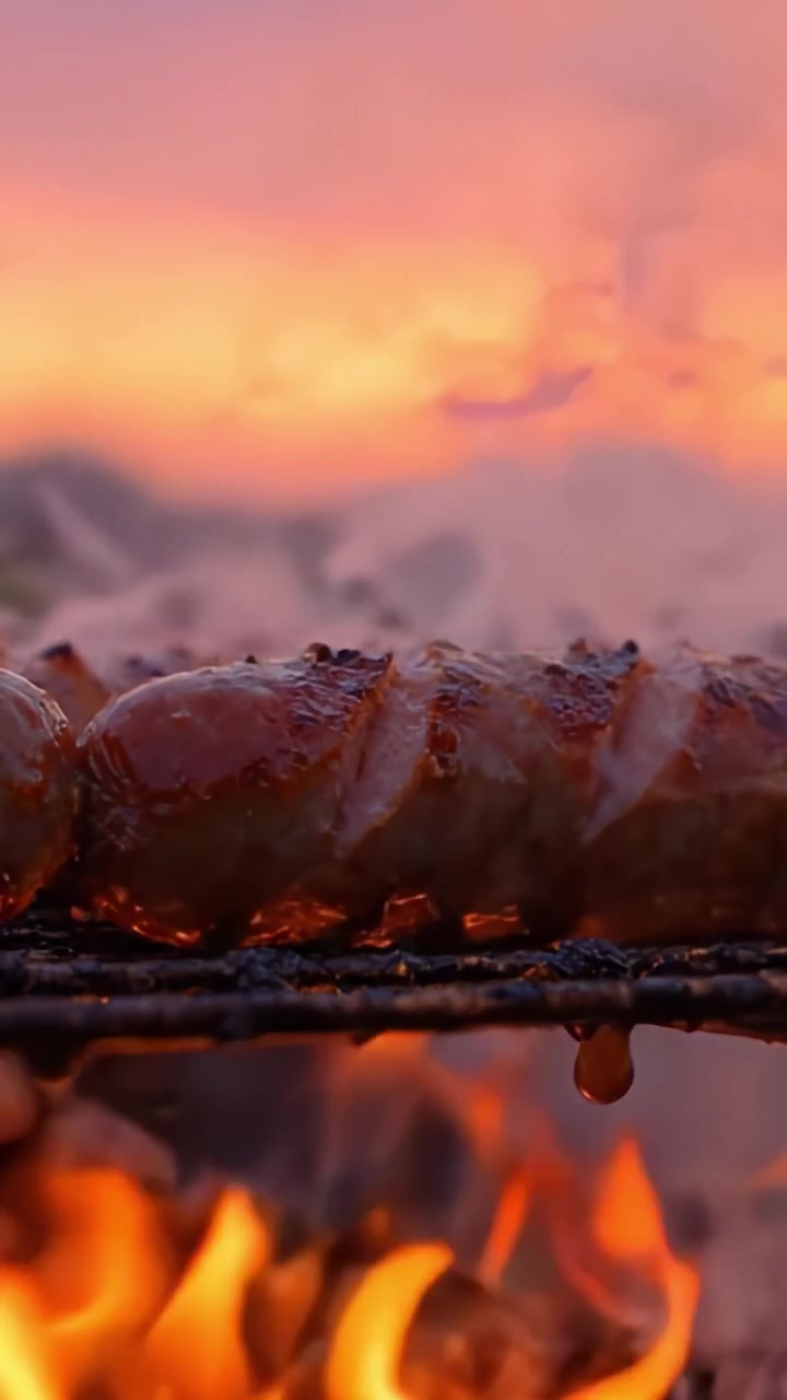Deliziose salsicce grigliate che cuociono su fiamme intense al tramonto, mettendo in mostra lo sfrigolio e il sapore affumicato del barbecue in un'affascinante ambientazione all'aperto