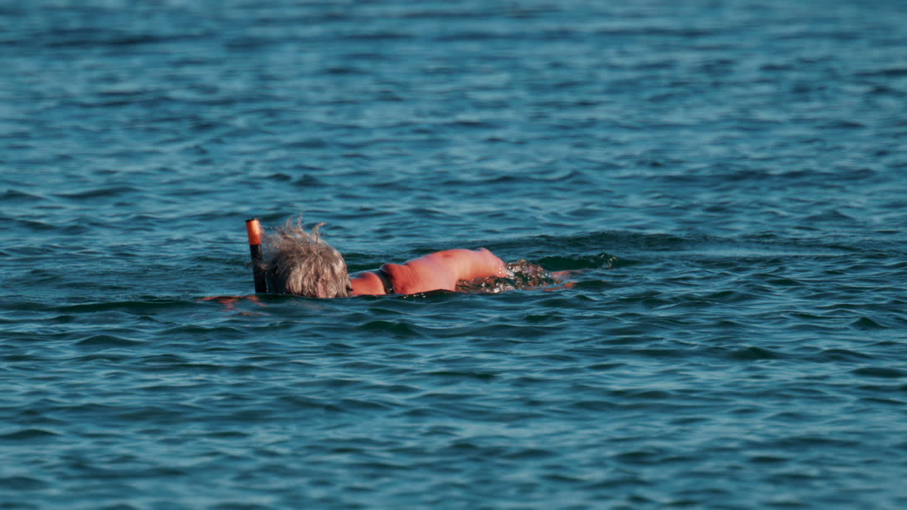 An elderly man swims with a snorkel and mask in the clear blue sea, exploring underwater life near the surface