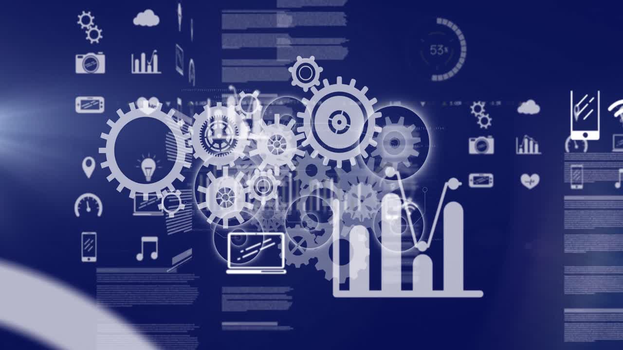 Animation of data processing over dark background