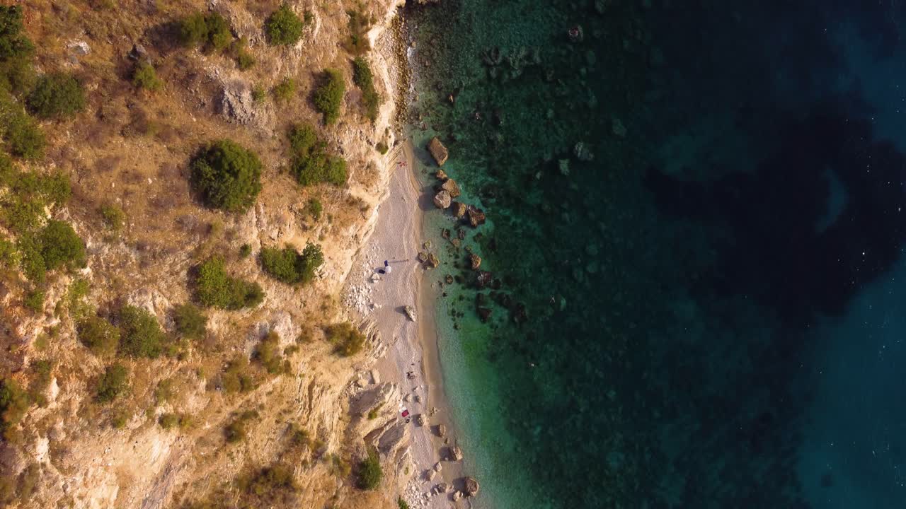 AERIAL Top Down Fly-By of a Turquoise Beach in Albanian Riviera