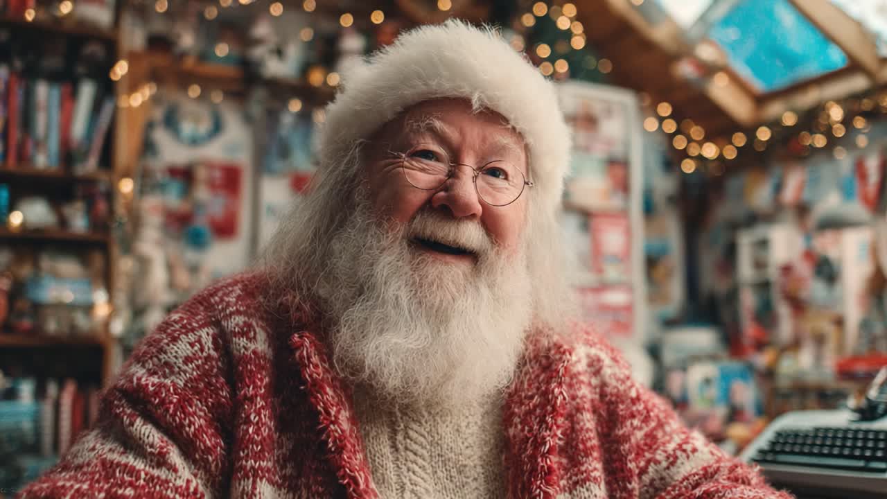 Un ritratto commovente della gioiosa atmosfera delle feste: un uomo anziano con una lunga barba bianca, che indossa un cappello da Babbo Natale, ritratto in un ambiente intimo e decorato a festa