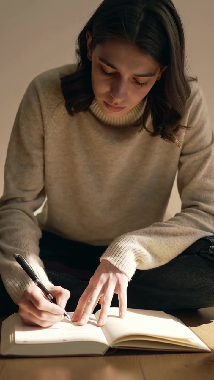 Video verticale: Uomo che appoggia la mano su un diario e scrive con una penna nera in una stanza, indossando un maglione beige.