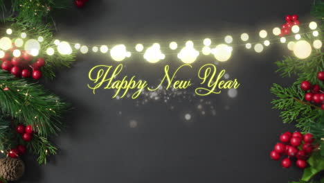 animation of happy new year text over lights and decorations on grey background