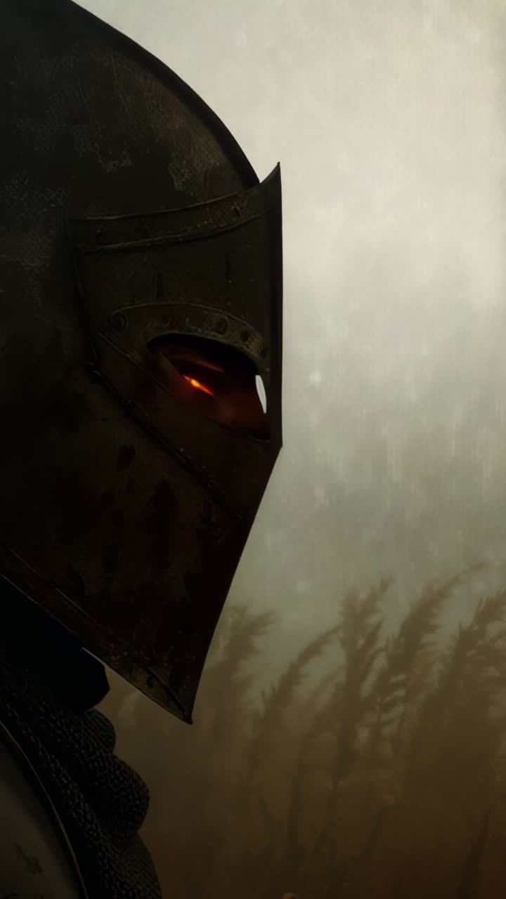 Vertical video: Pulsing eye slit causing knight tilting helmet in fog, signaling alert, copy space