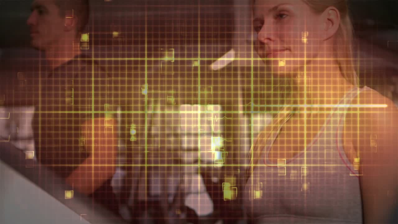 Couple standing by console, overlay pulsing revealing faces as grid tracking heart rate for fitness