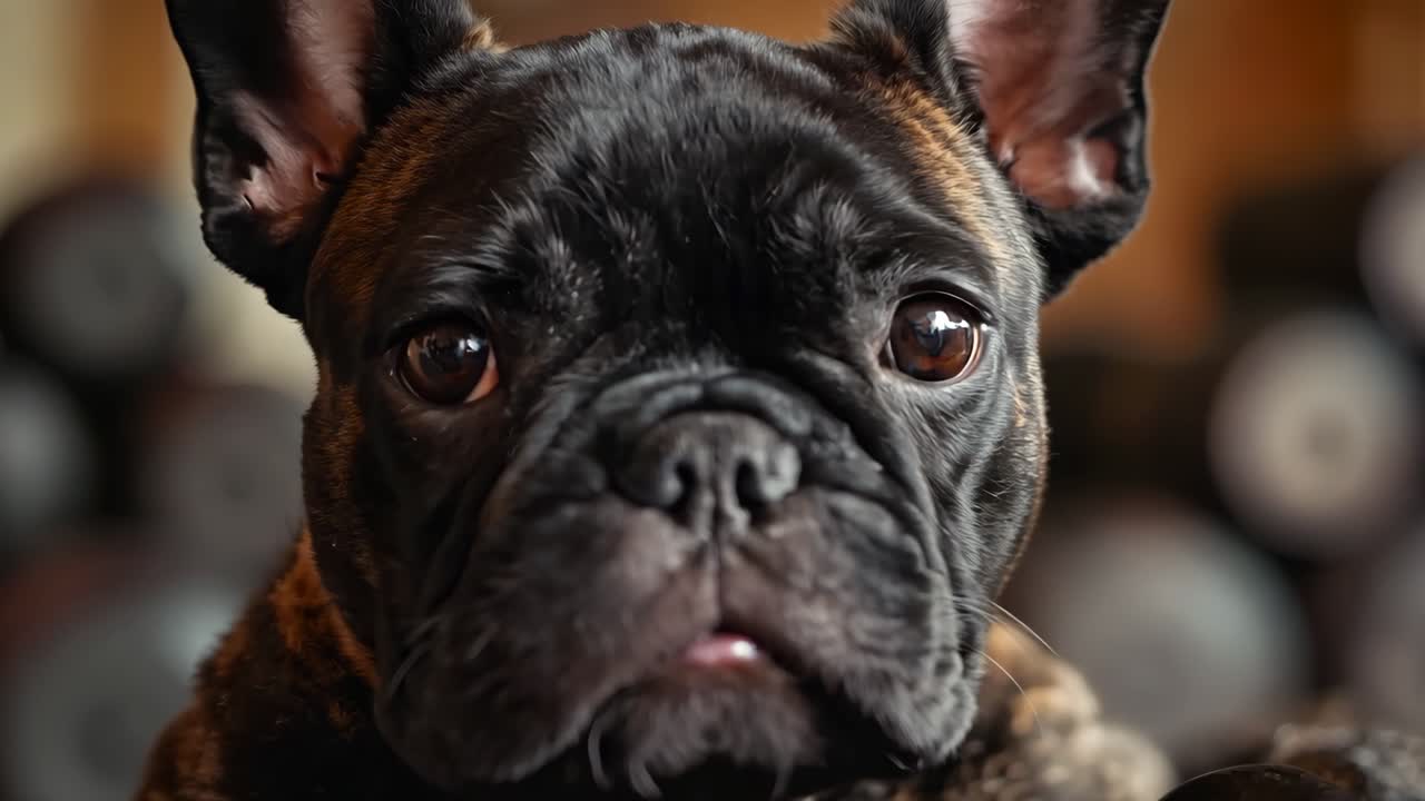 덤벨의 어리 위에 놓인 작은 개