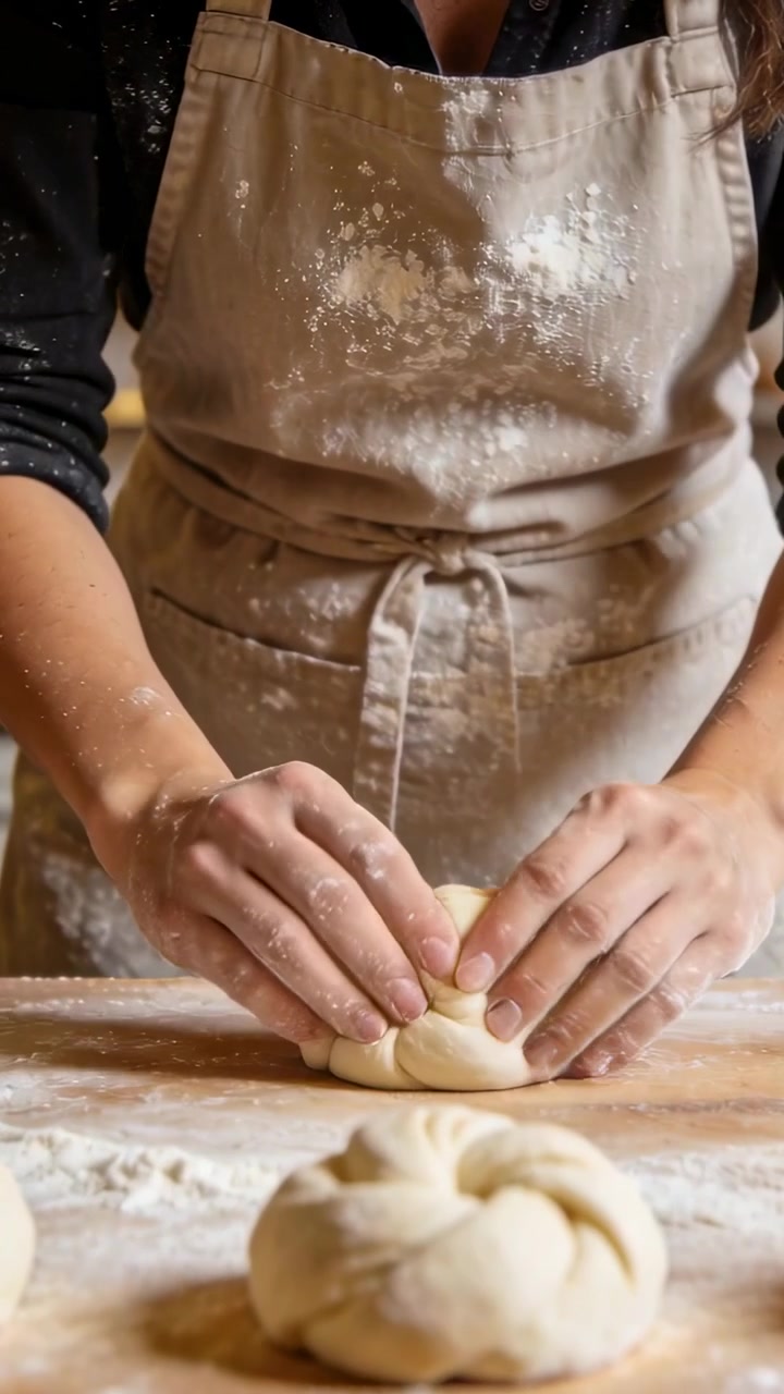 Vertical video: Placing dough, baker in beige apron pinching knots on floured board for baking