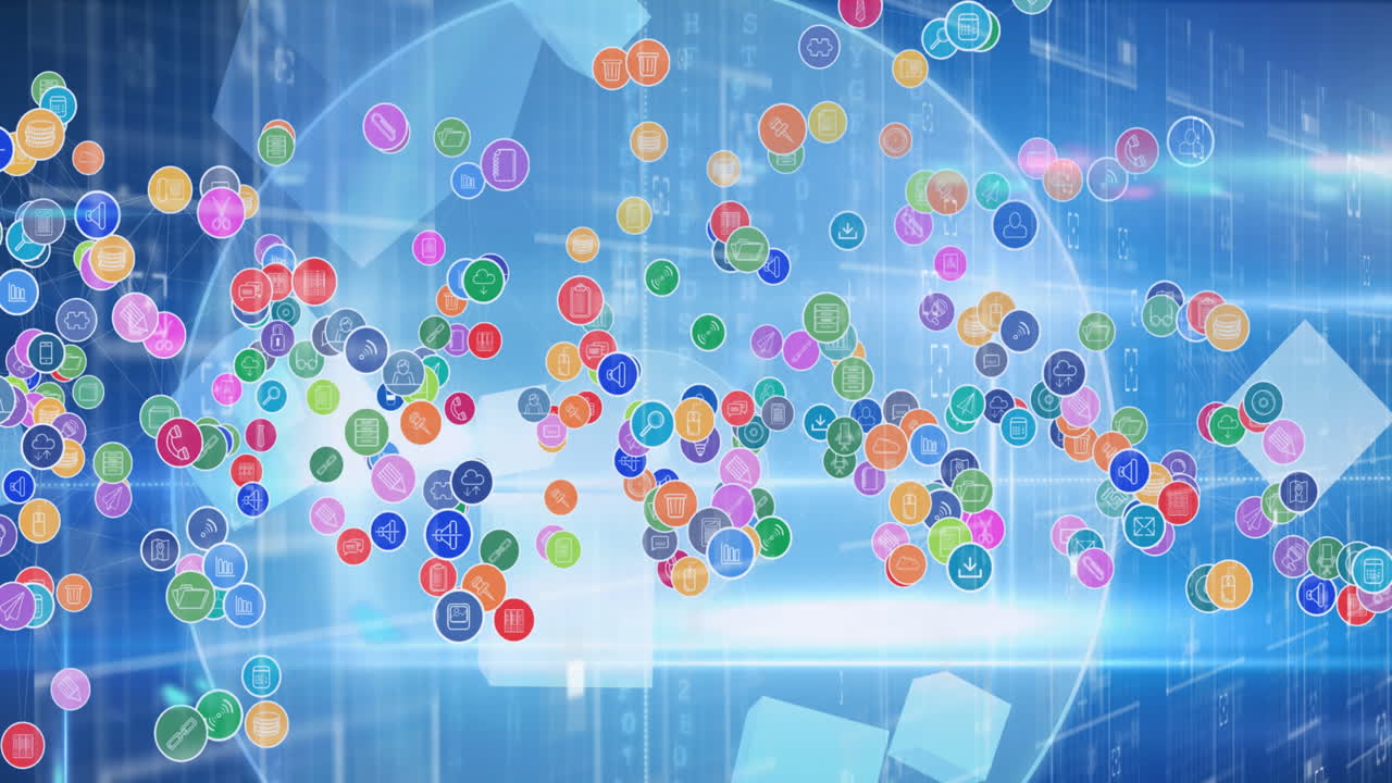 파란색 배경에 있는 빛의 흔적과 빛의 반점 위에 있는 여러 디지털 아이콘의 네트워크