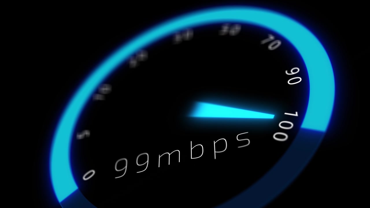 Futuristic bandwidth speedometer visual with cyan arc glowing needle dark interface and performance