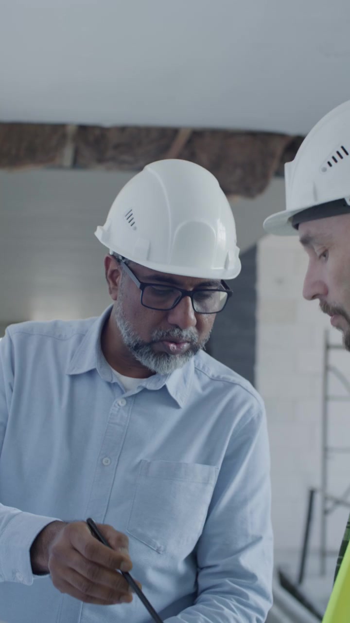 Architect and Foreman Discussing Layout Plans in Unfinished Building