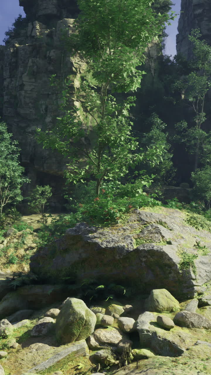 A vibrant landscape with towering rocky cliffs surrounded by dense foliage